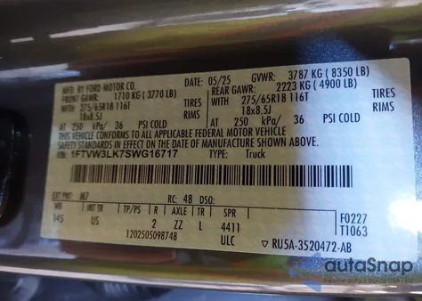 2025 Ford F-150 Lightning Xlt z USA, uszkodzony, nr VIN 1FTVW3LK7SWG16717